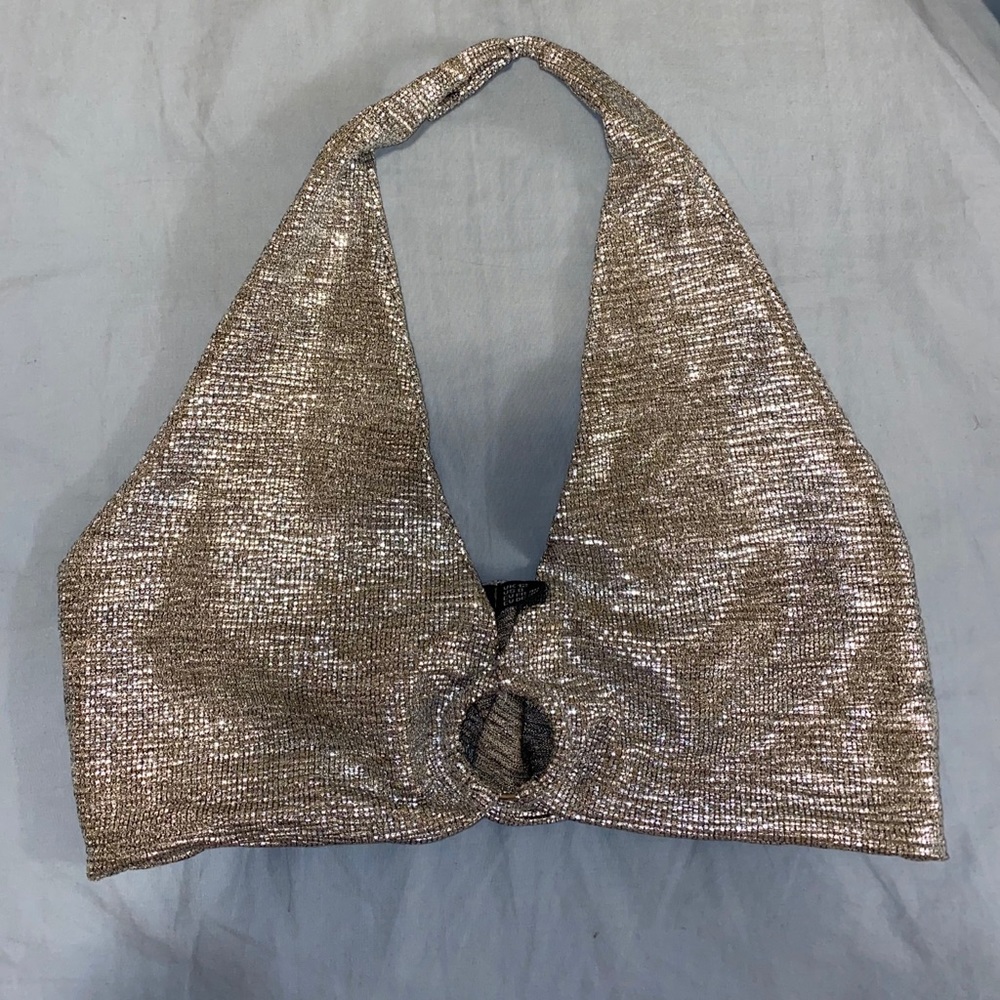PLT Silver Metallic Halterneck Ring Bralet
